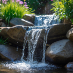 A serene backyard waterfall cascading over smooth stones, surrounded by lush plants and bright flowers.