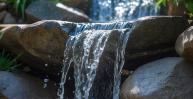 A serene backyard waterfall cascading over smooth stones, surrounded by lush plants and bright flowers.