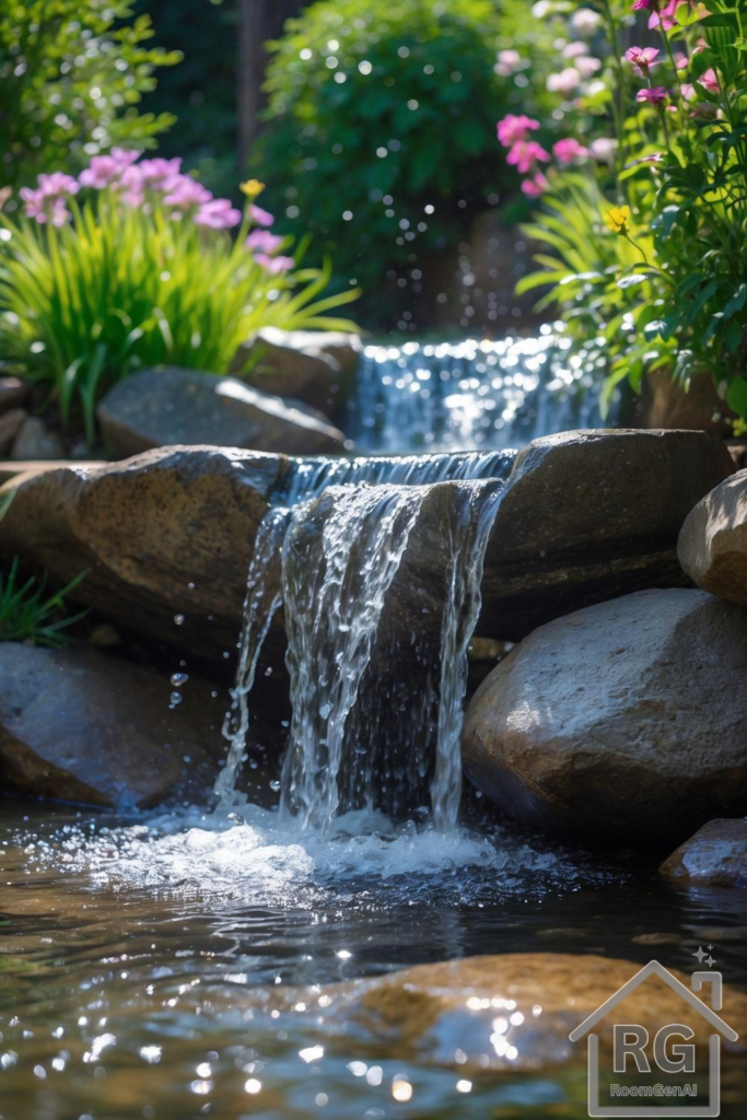 A serene backyard waterfall cascading over smooth stones, surrounded by lush plants and bright flowers.