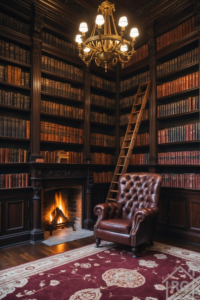 A grand Victorian library with dark mahogany shelves filled with books, a tufted leather armchair, a roaring fireplace, and an ornate gold chandelier.