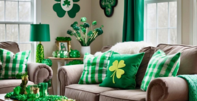 A living room decorated for St. Patrick's day.