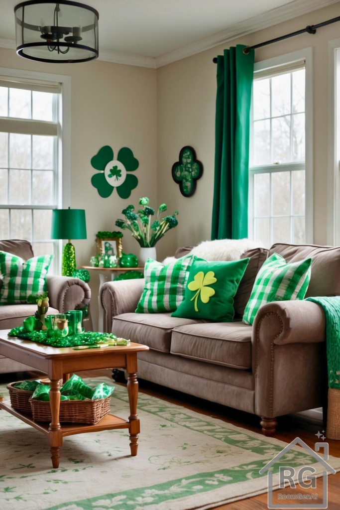 A living room decorated for St. Patrick's day.