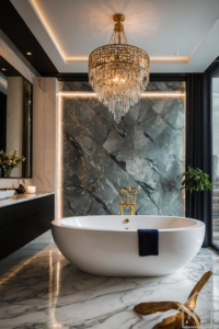 A luxurious bathroom featuring a freestanding oval tub, full-height grey marble accent wall, crystal chandelier, and brushed brass fixtures.