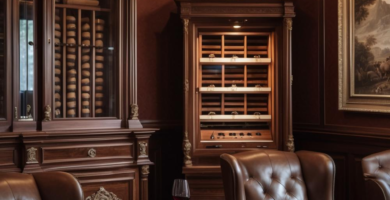 A luxurious cigar lounge featuring dark wood paneling, tufted leather chairs, and a chandelier.