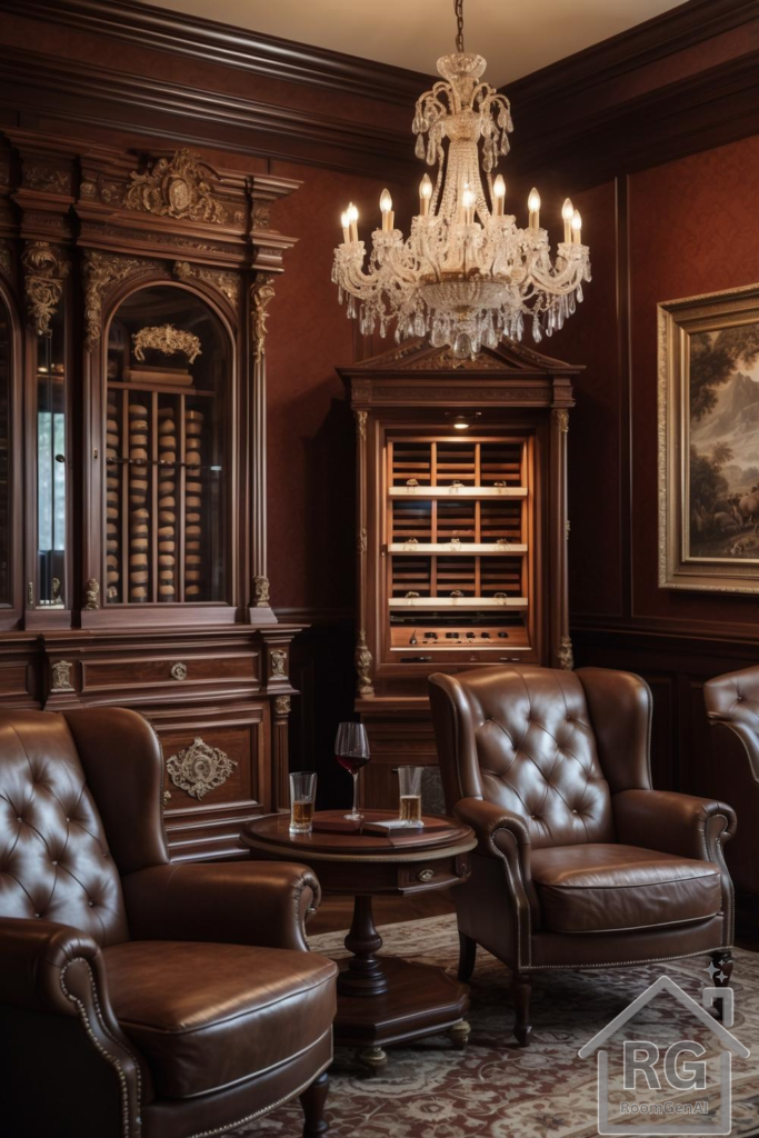 A luxurious cigar lounge featuring dark wood paneling, tufted leather chairs, and a chandelier.