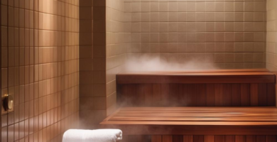 A luxurious sauna room featuring warm wood benches, steam rising, and soft ambient lighting.