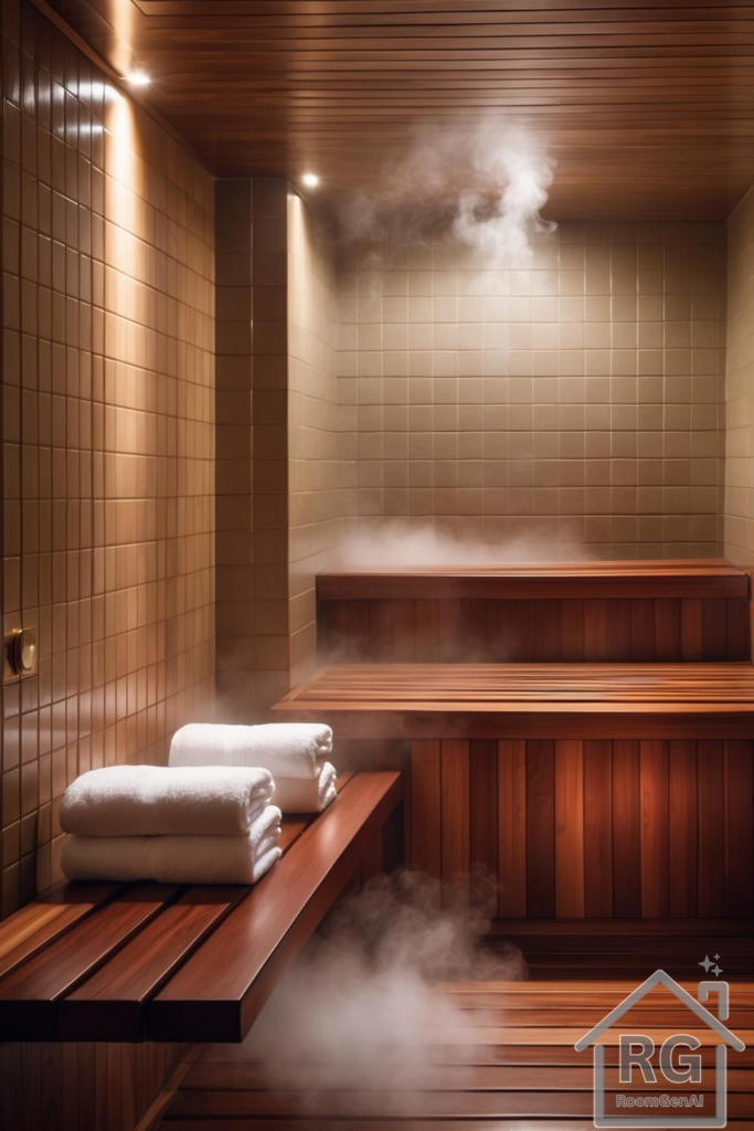 A luxurious sauna room featuring warm wood benches, steam rising, and soft ambient lighting.