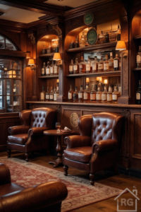 Opulent whiskey bar with wooden shelves lined with various bottles, tufted leather chairs, and warm lighting.