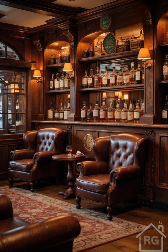Opulent whiskey bar with wooden shelves lined with various bottles, tufted leather chairs, and warm lighting.