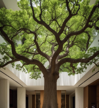 A modern building atrium featuring a tall, majestic oak tree under a skylight.