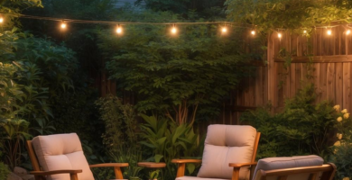 A cozy backyard patio featuring comfortable wood seating, string lights overhead, and lush surrounding greenery.