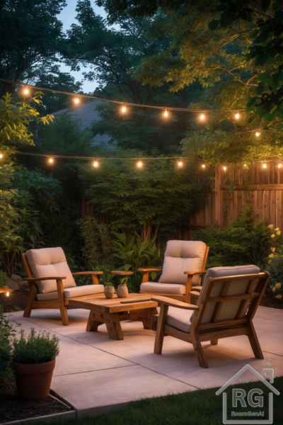 A cozy backyard patio featuring comfortable wood seating, string lights overhead, and lush surrounding greenery.