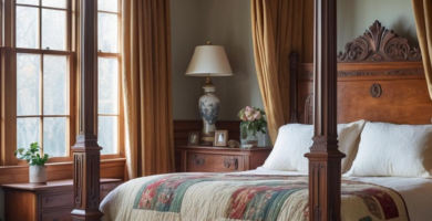 A Craftsman-style bedroom with a carved four-poster bed, warm wood tones, and earth-toned decor.