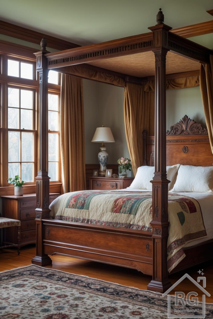 A Craftsman-style bedroom with a carved four-poster bed, warm wood tones, and earth-toned decor.