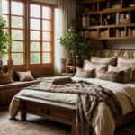 A hobbit-inspired bedroom with wooden shelves, cozy bedding, and natural accents.