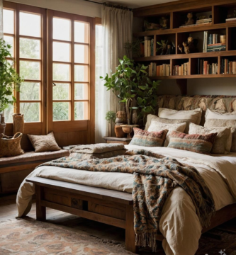 A hobbit-inspired bedroom with wooden shelves, cozy bedding, and natural accents.