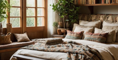 A hobbit-inspired bedroom with wooden shelves, cozy bedding, and natural accents.