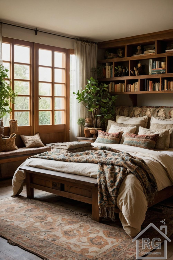 A hobbit-inspired bedroom with wooden shelves, cozy bedding, and natural accents.