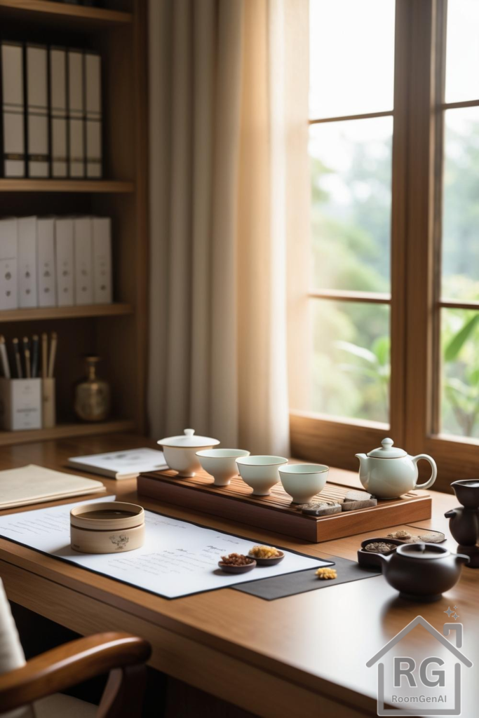 A calm, tea-inspired home office featuring wooden furniture, neatly organized supplies, and a small tea set on the desk.