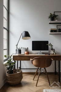 A minimalist home office featuring a wooden desk with a computer, black desk lamp, potted plants, and floating shelves against a white wall.