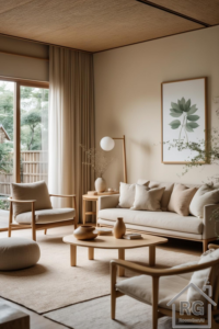 A bright Japandi living room featuring neutral tones, wooden furniture, and minimalistic decor.