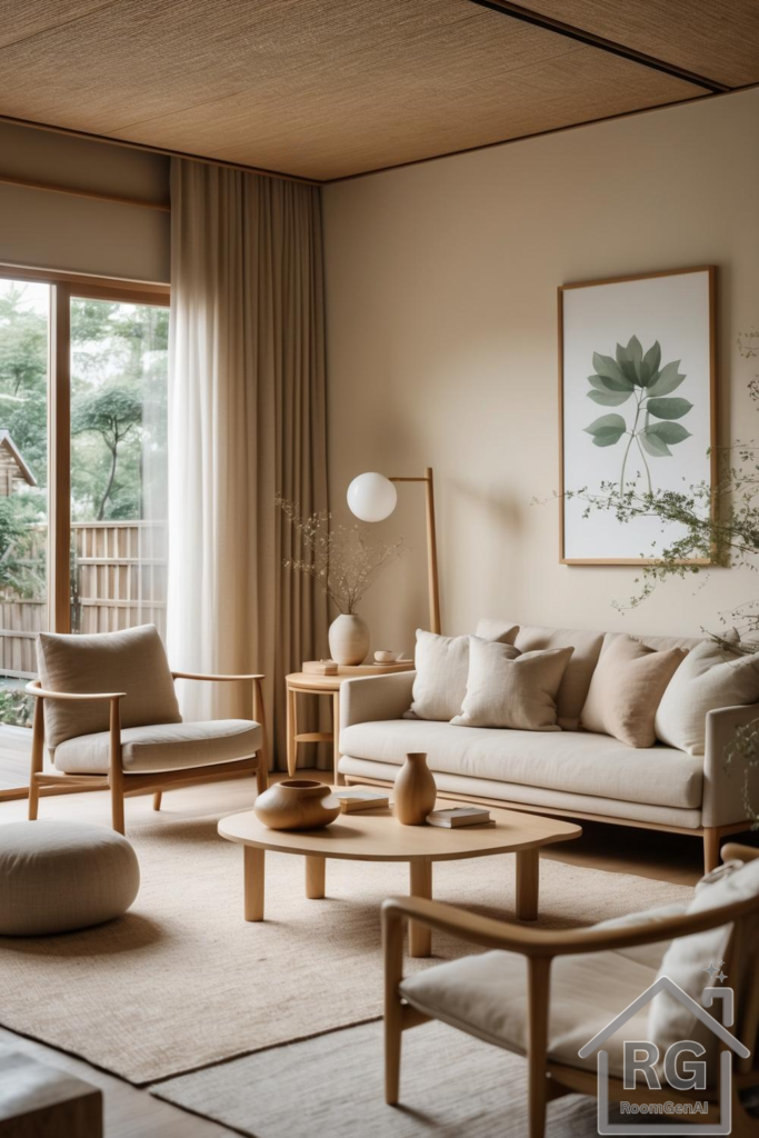 A bright Japandi living room featuring neutral tones, wooden furniture, and minimalistic decor.