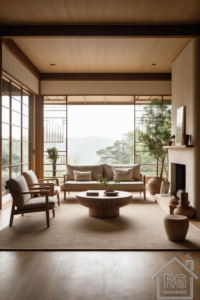A tranquil Japandi living room with neutral tones, natural wood accents, and minimalistic furniture.