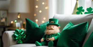 A living room decorated for St. Patrick's Day.