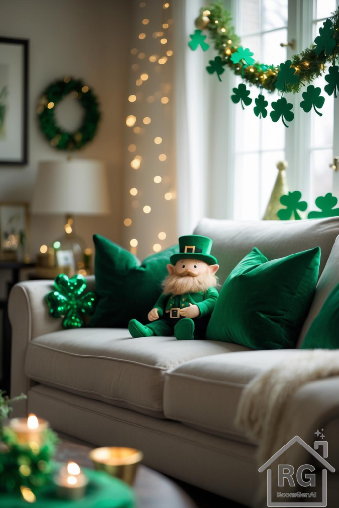 A living room decorated for St. Patrick's Day.