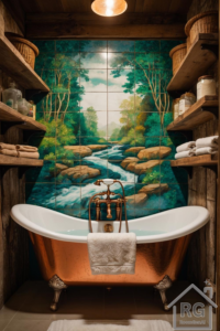 A rustic bathroom featuring a copper bathtub and a forest-stream tile mural, framed by warm wood shelves.