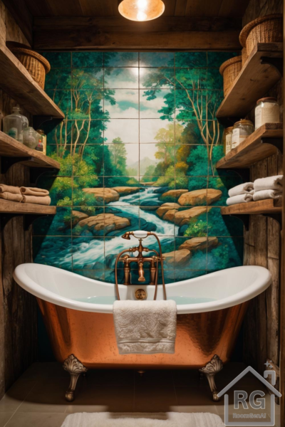 A rustic bathroom featuring a copper bathtub and a forest-stream tile mural, framed by warm wood shelves.