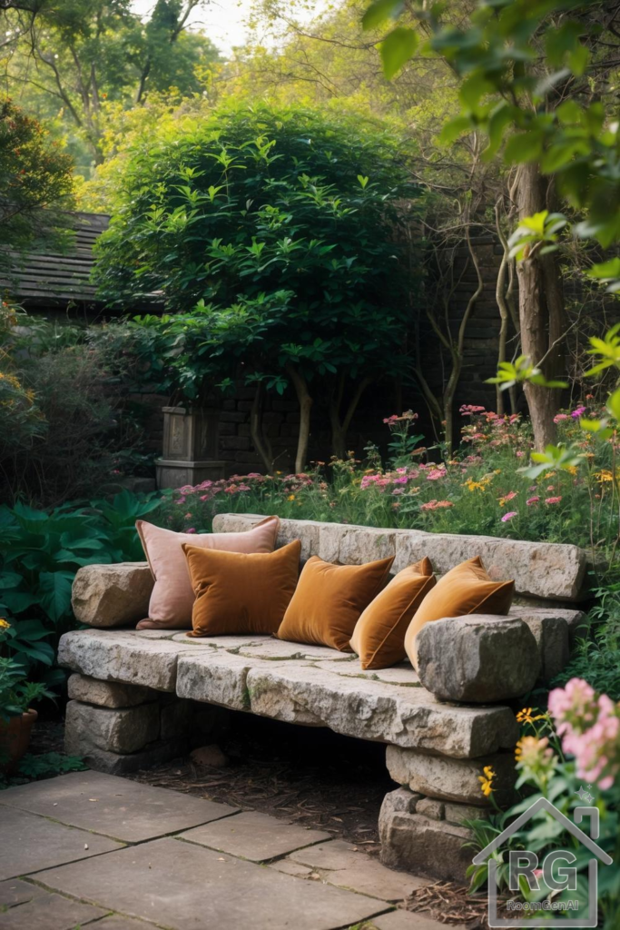 A rustic stone bench with warm-toned pillows, surrounded by lush greenery and blooming garden flowers.