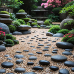 A tranquil Zen garden featuring a stone pathway, lush greenery, and vibrant blossoms.