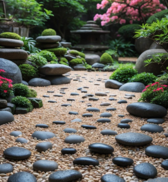 A tranquil Zen garden featuring a stone pathway, lush greenery, and vibrant blossoms.