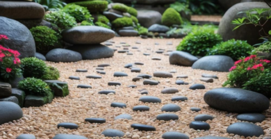 A tranquil Zen garden featuring a stone pathway, lush greenery, and vibrant blossoms.