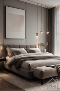 A calm, neutral-toned minimalist bedroom featuring an upholstered headboard, subtle metallic accents, and soft, layered bedding.