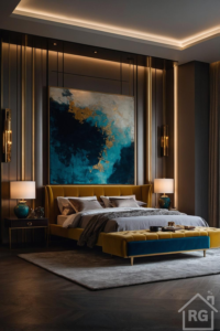 A glamorous bedroom featuring a bold teal and gold color palette, luxurious velvet upholstery, and warm accent lighting.