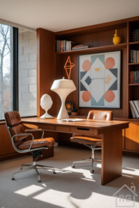 A sleek midcentury modern home office featuring a wooden desk, leather swivel chairs, sculptural white lamp, abstract wall art, and a large window letting in natural light.