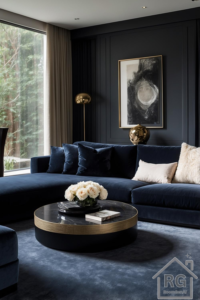 A sophisticated living room featuring a navy velvet sectional, gold accents, and minimal decor for a modern, luxurious feel.