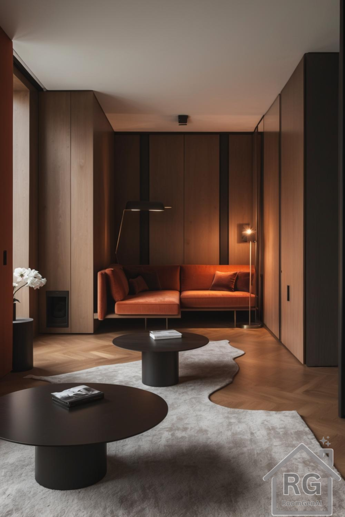 A modern apartment lounge featuring warm wood paneling, a sleek orange sofa, and minimalist furniture.