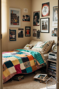 A nostalgic 2000s-style bedroom featuring a colorful patchwork quilt, band posters, and vintage memorabilia.