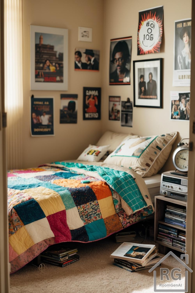A nostalgic 2000s-style bedroom featuring a colorful patchwork quilt, band posters, and vintage memorabilia.