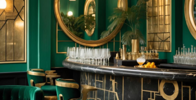 An Art Deco style lounge featuring emerald green and gold accents.