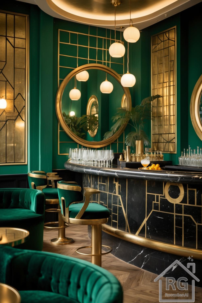 An Art Deco style lounge featuring emerald green and gold accents.