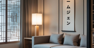 A modern Japanese-inspired living room featuring minimal furniture, warm wood tones, and a serene, Zen-like atmosphere.