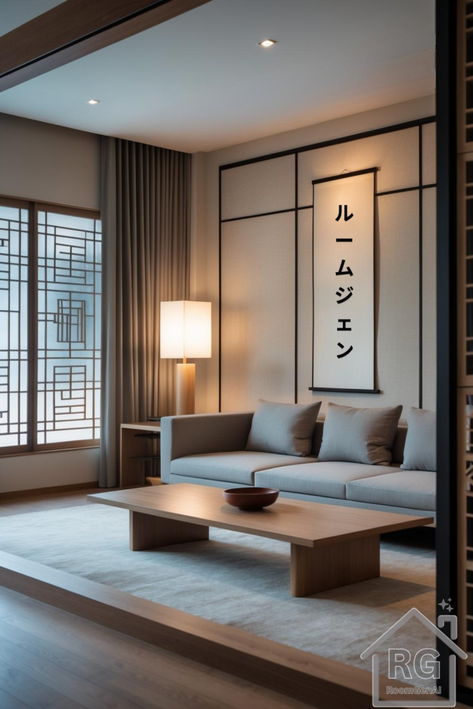 A modern Japanese-inspired living room featuring minimal furniture, warm wood tones, and a serene, Zen-like atmosphere.