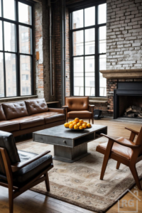 Urban loft living room with exposed brick walls, leather seating, a metal coffee table, and a fireplace surrounded by large windows.