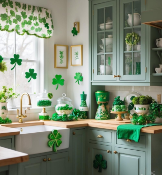 A kitchen decorated for St. Patrick's Day.