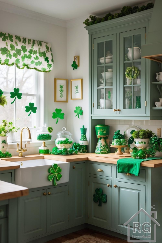 A kitchen decorated for St. Patrick's Day.