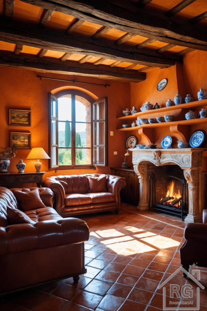 A rustic Tuscan style living room.